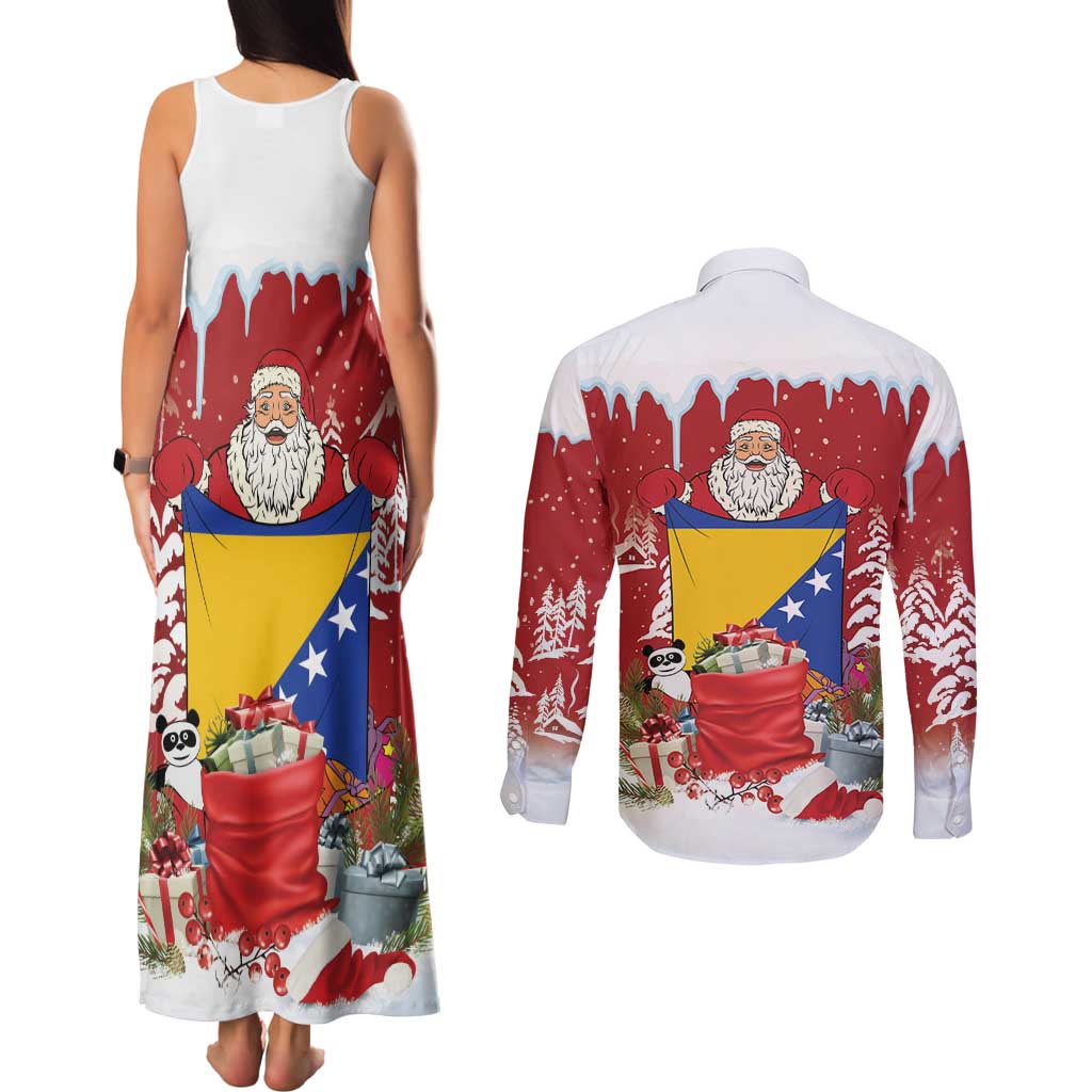 Bosnia and Herzegovina Christmas Couples Matching Tank Maxi Dress and Long Sleeve Button Shirt Santa With National Flag - Wonder Print Shop
