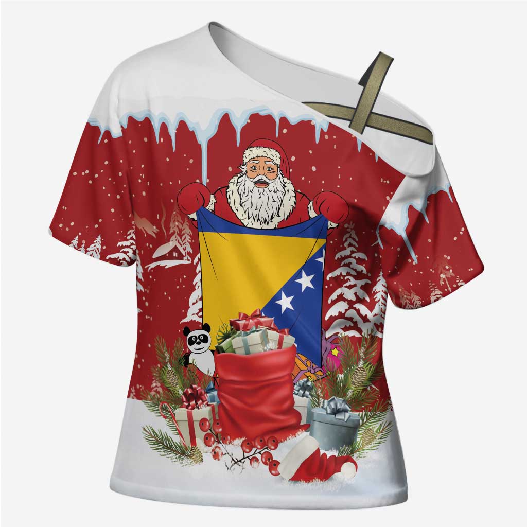 Bosnia and Herzegovina Christmas Cross Shoulder Shirt Santa With National Flag - Wonder Print Shop