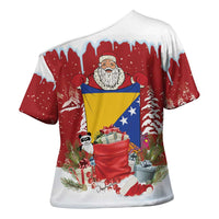 Bosnia and Herzegovina Christmas Cross Shoulder Shirt Santa With National Flag - Wonder Print Shop