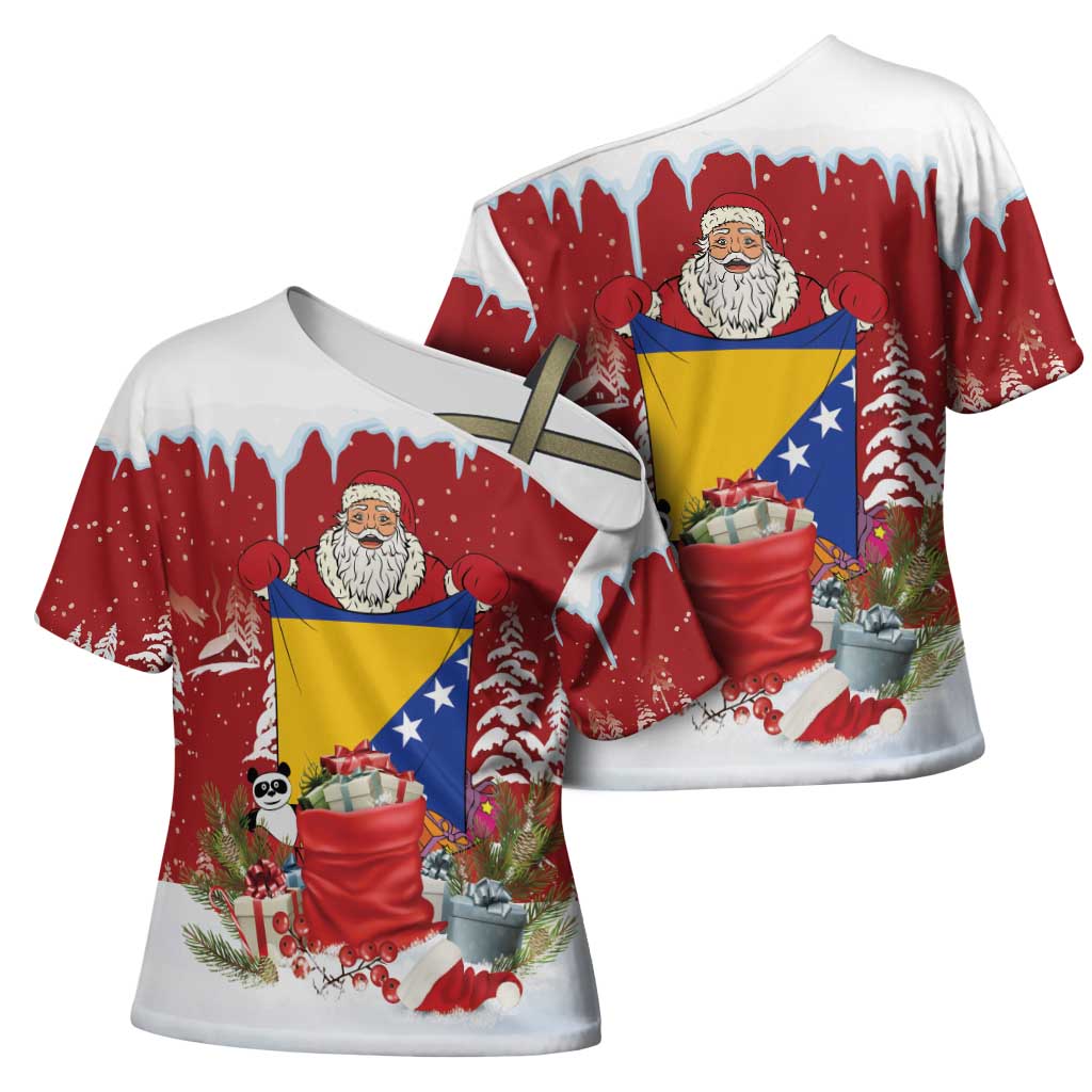 Bosnia and Herzegovina Christmas Cross Shoulder Shirt Santa With National Flag - Wonder Print Shop