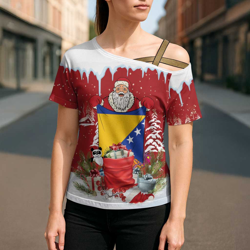 Bosnia and Herzegovina Christmas Cross Shoulder Shirt Santa With National Flag - Wonder Print Shop
