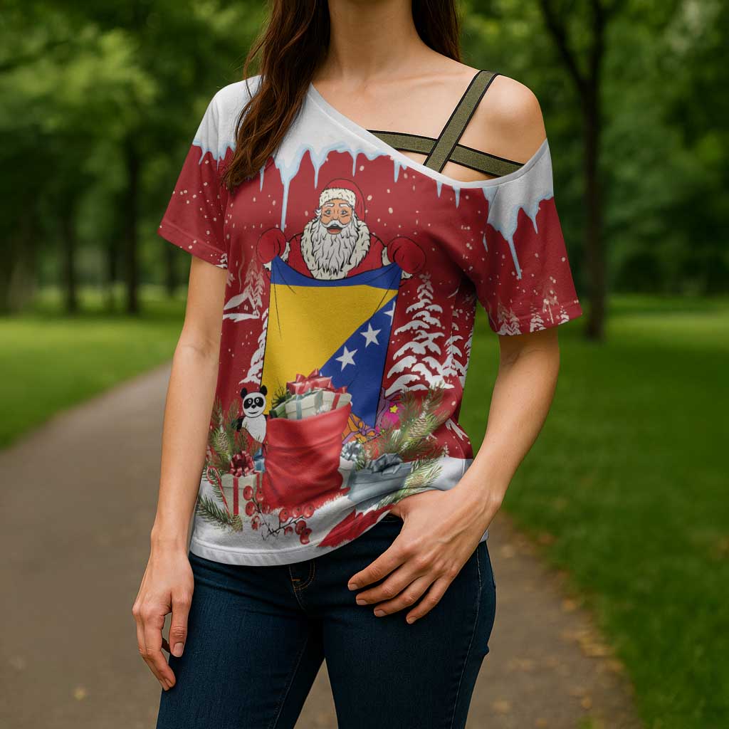 Bosnia and Herzegovina Christmas Cross Shoulder Shirt Santa With National Flag - Wonder Print Shop