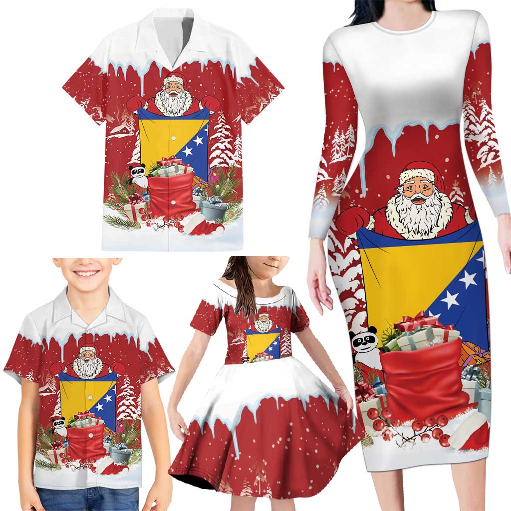 Bosnia and Herzegovina Christmas Family Matching Long Sleeve Bodycon Dress and Hawaiian Shirt Santa With National Flag - Wonder Print Shop