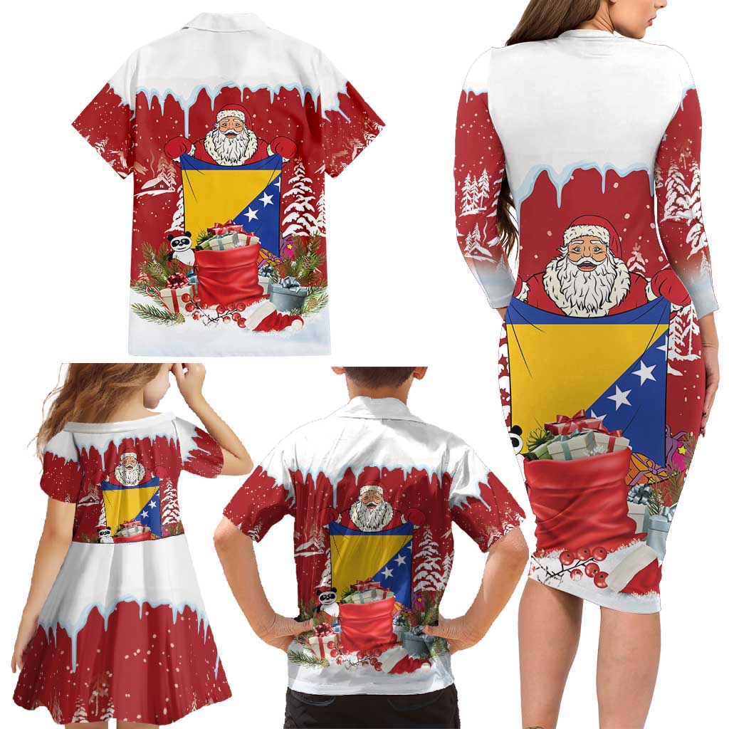 Bosnia and Herzegovina Christmas Family Matching Long Sleeve Bodycon Dress and Hawaiian Shirt Santa With National Flag - Wonder Print Shop