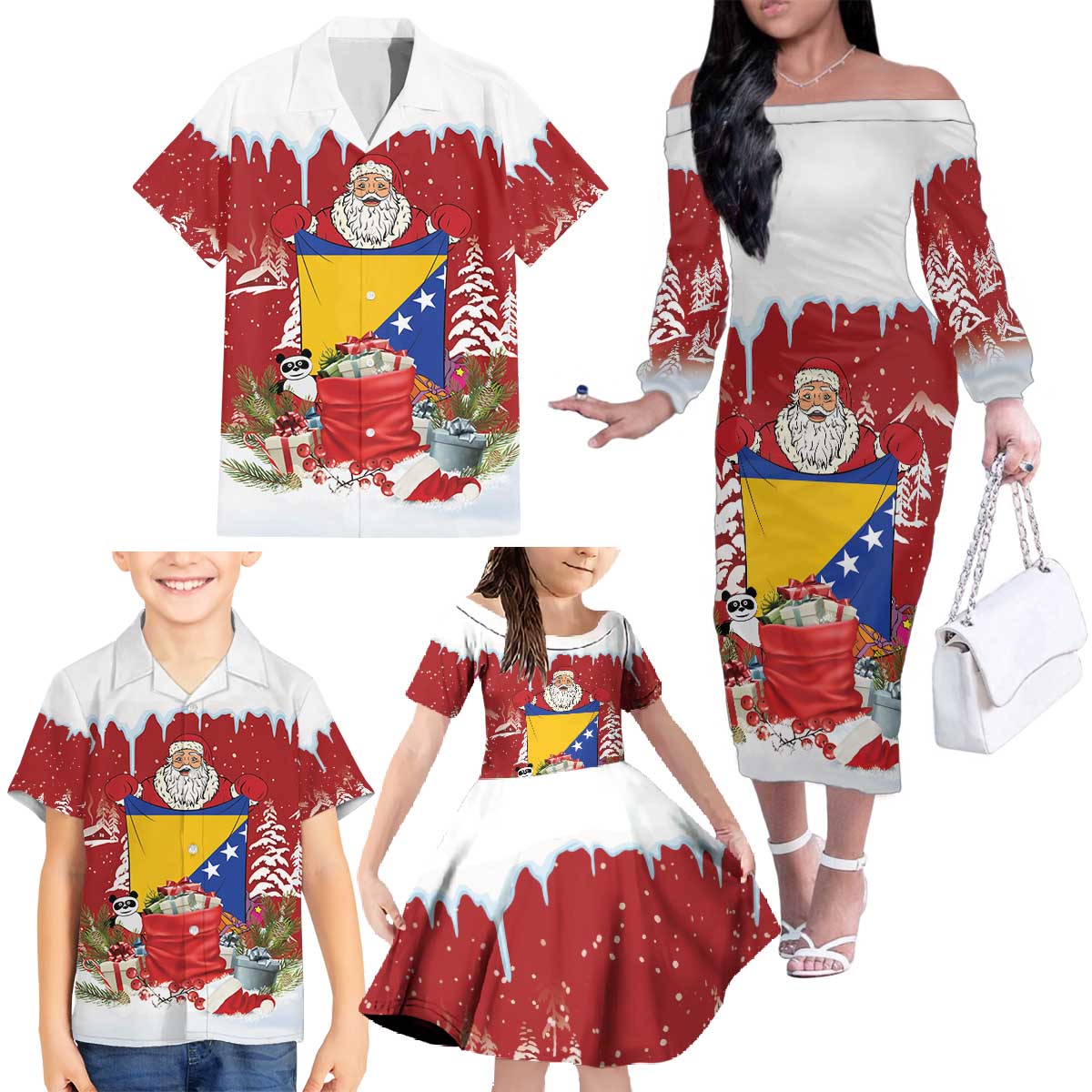 Bosnia and Herzegovina Christmas Family Matching Off The Shoulder Long Sleeve Dress and Hawaiian Shirt Santa With National Flag - Wonder Print Shop