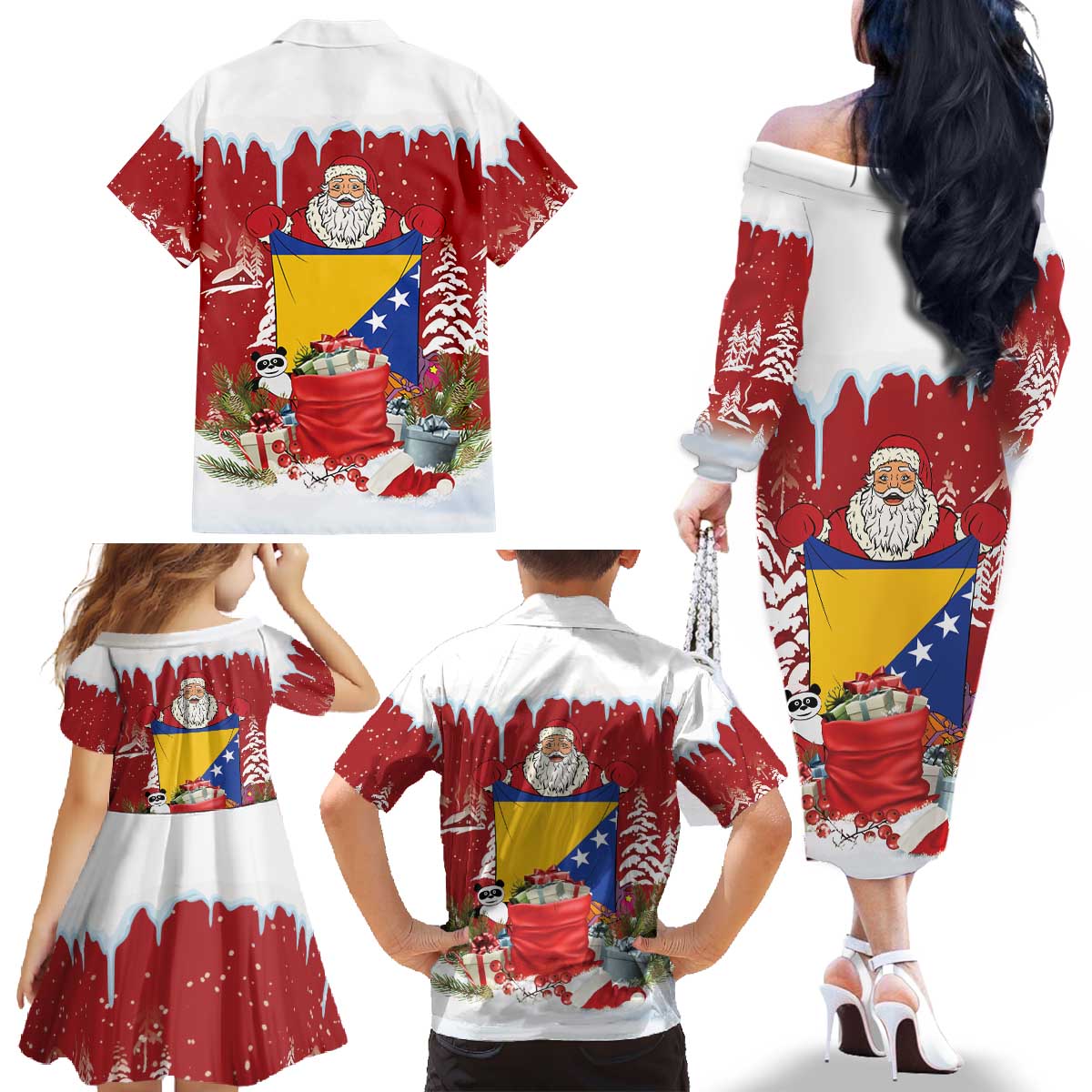 Bosnia and Herzegovina Christmas Family Matching Off The Shoulder Long Sleeve Dress and Hawaiian Shirt Santa With National Flag - Wonder Print Shop