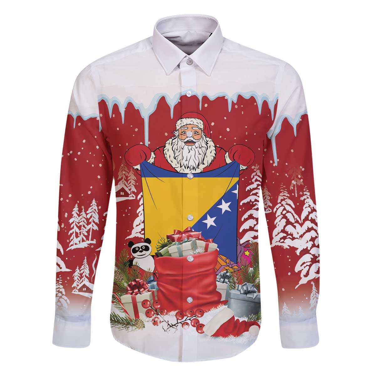 Bosnia and Herzegovina Christmas Family Matching Off The Shoulder Long Sleeve Dress and Hawaiian Shirt Santa With National Flag - Wonder Print Shop