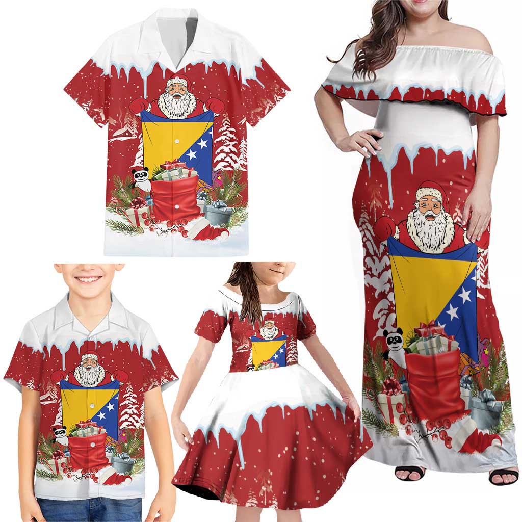 Bosnia and Herzegovina Christmas Family Matching Off Shoulder Maxi Dress and Hawaiian Shirt Santa With National Flag - Wonder Print Shop