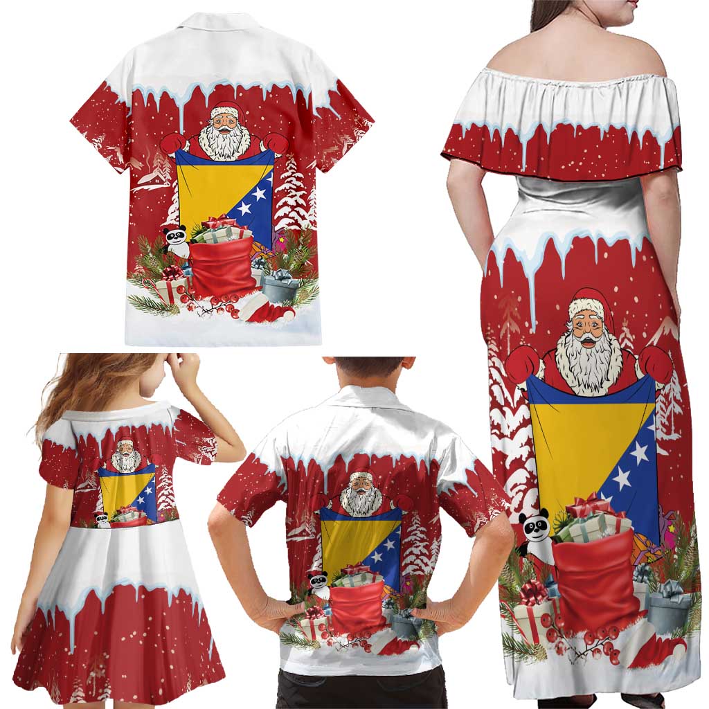 Bosnia and Herzegovina Christmas Family Matching Off Shoulder Maxi Dress and Hawaiian Shirt Santa With National Flag - Wonder Print Shop