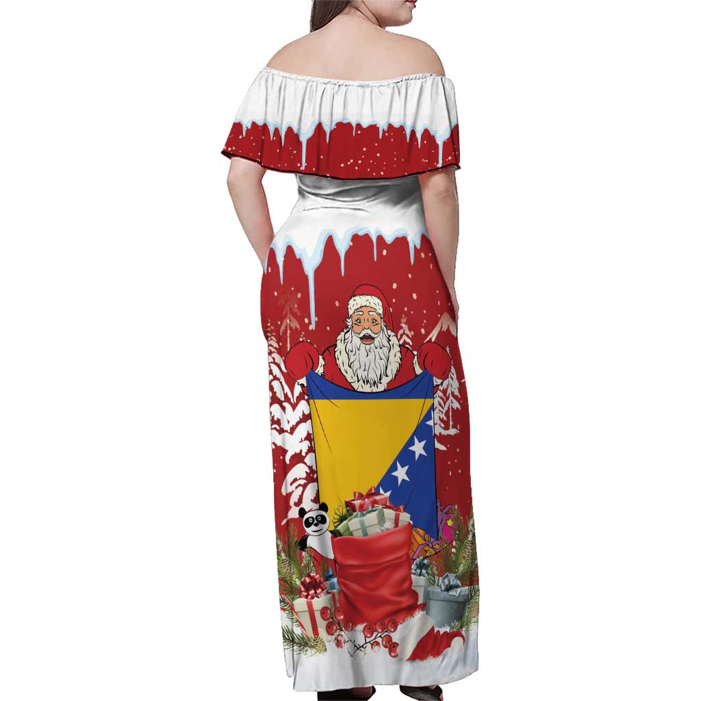 Bosnia and Herzegovina Christmas Family Matching Off Shoulder Maxi Dress and Hawaiian Shirt Santa With National Flag - Wonder Print Shop