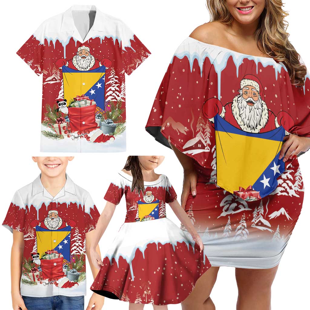 Bosnia and Herzegovina Christmas Family Matching Off Shoulder Short Dress and Hawaiian Shirt Santa With National Flag - Wonder Print Shop
