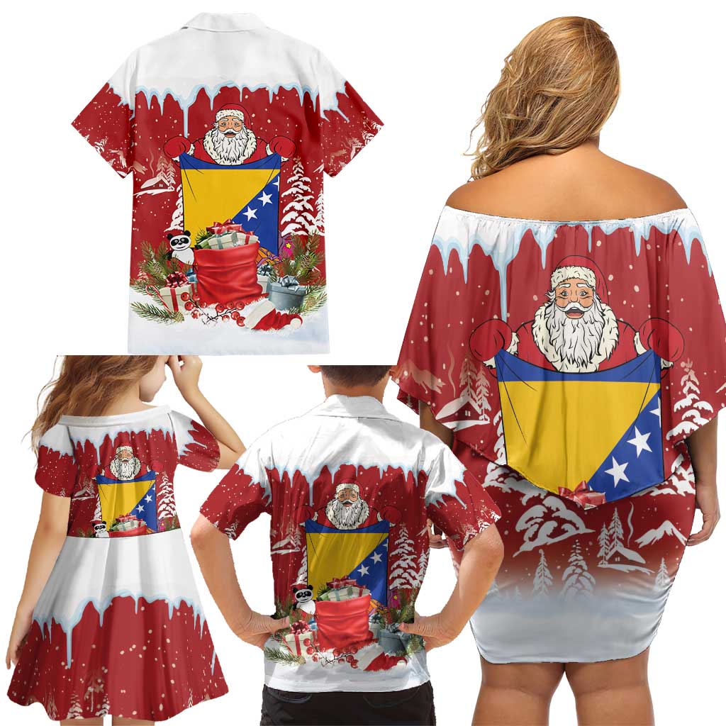 Bosnia and Herzegovina Christmas Family Matching Off Shoulder Short Dress and Hawaiian Shirt Santa With National Flag - Wonder Print Shop