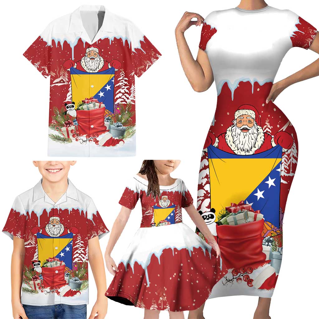 Bosnia and Herzegovina Christmas Family Matching Short Sleeve Bodycon Dress and Hawaiian Shirt Santa With National Flag - Wonder Print Shop
