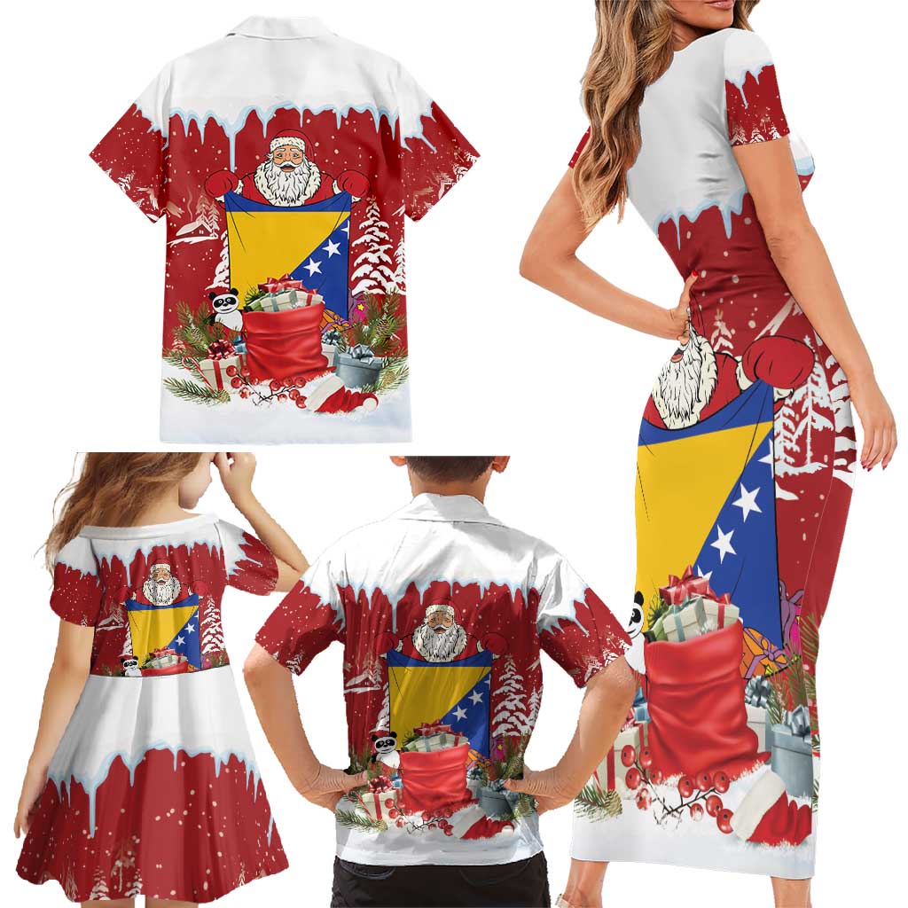Bosnia and Herzegovina Christmas Family Matching Short Sleeve Bodycon Dress and Hawaiian Shirt Santa With National Flag - Wonder Print Shop