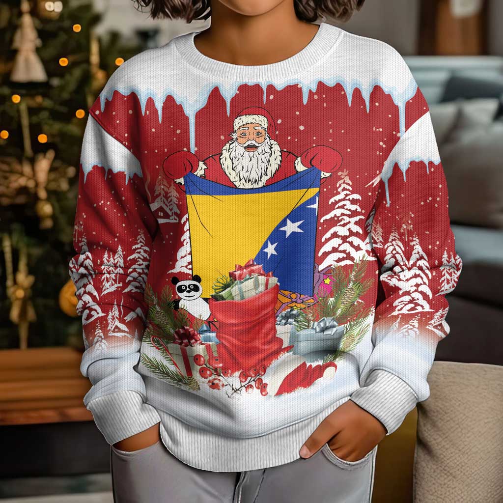 Bosnia and Herzegovina Christmas Kid Ugly Christmas Sweater Santa With National Flag - Wonder Print Shop