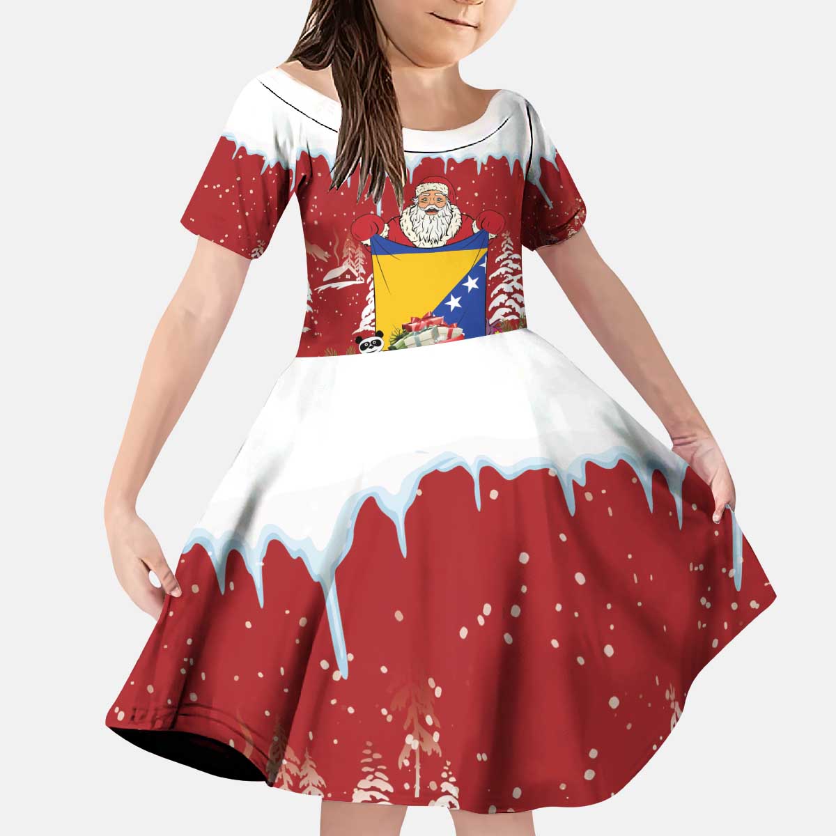 Bosnia and Herzegovina Christmas Kid Short Sleeve Dress Santa With National Flag - Wonder Print Shop