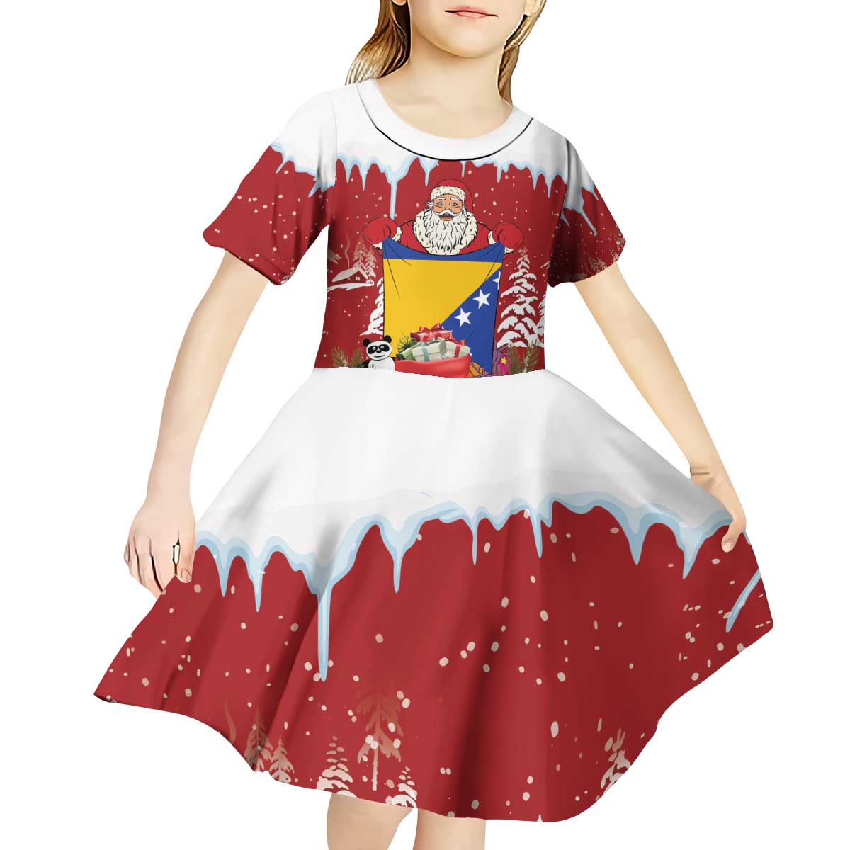 Bosnia and Herzegovina Christmas Kid Short Sleeve Dress Santa With National Flag - Wonder Print Shop