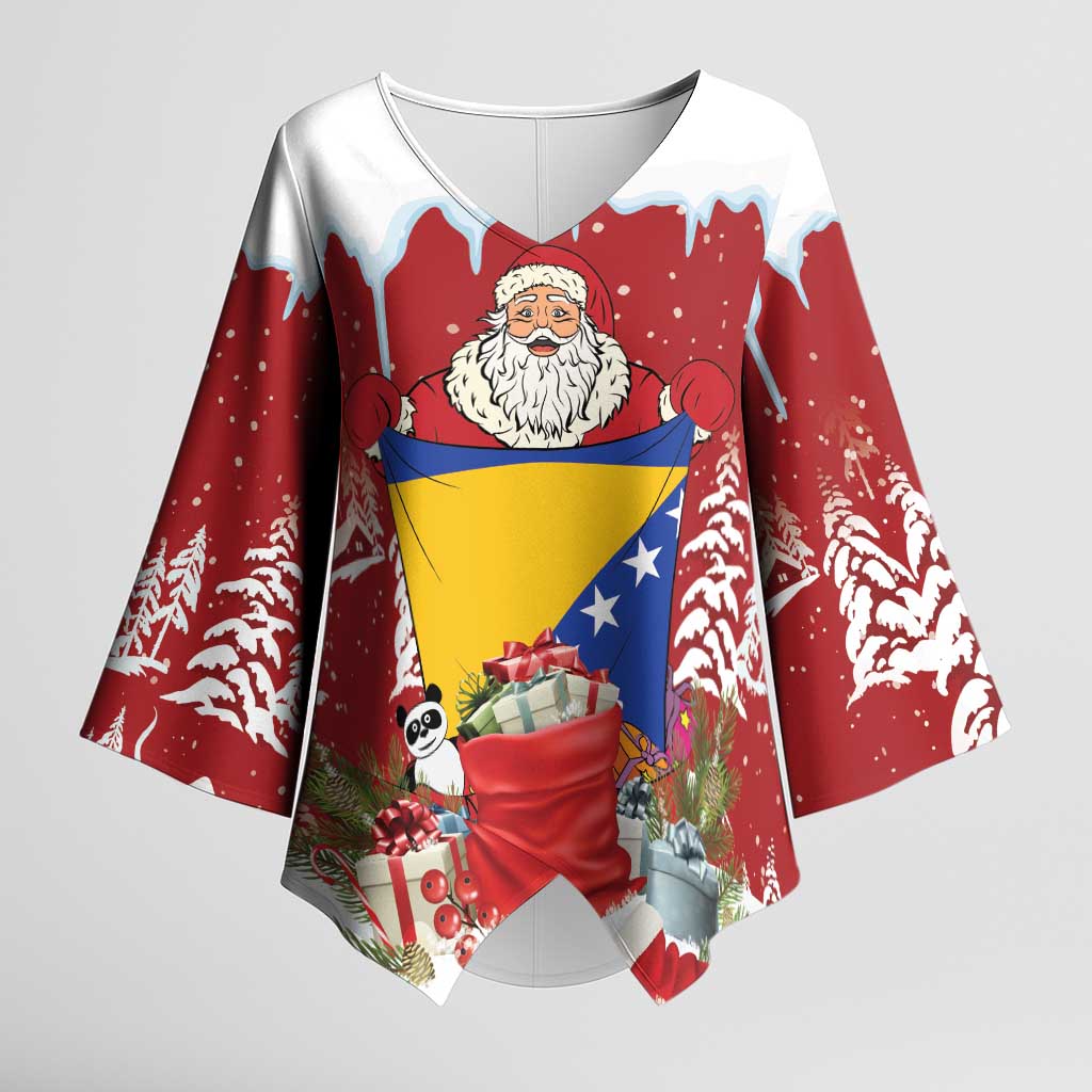 Bosnia and Herzegovina Christmas Kimono Sleeve Blouse Santa With National Flag - Wonder Print Shop
