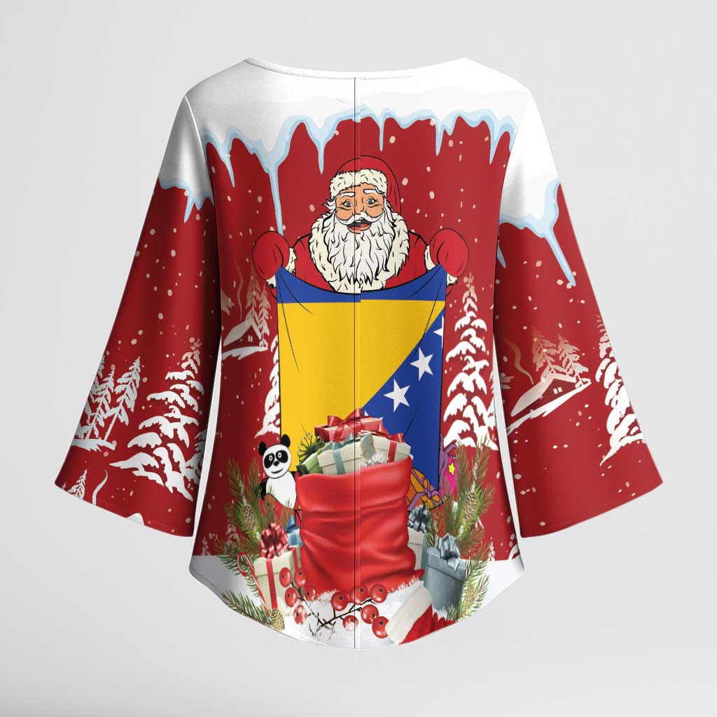 Bosnia and Herzegovina Christmas Kimono Sleeve Blouse Santa With National Flag - Wonder Print Shop