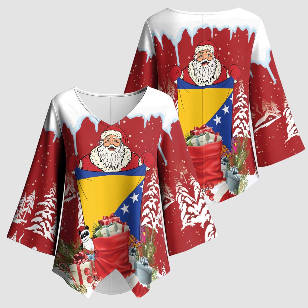 Bosnia and Herzegovina Christmas Kimono Sleeve Blouse Santa With National Flag - Wonder Print Shop