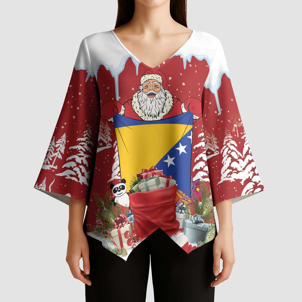 Bosnia and Herzegovina Christmas Kimono Sleeve Blouse Santa With National Flag - Wonder Print Shop