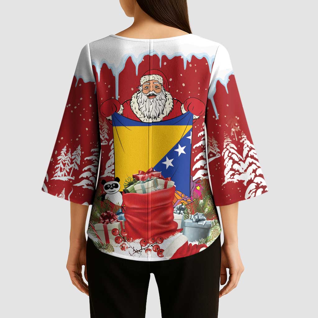 Bosnia and Herzegovina Christmas Kimono Sleeve Blouse Santa With National Flag - Wonder Print Shop