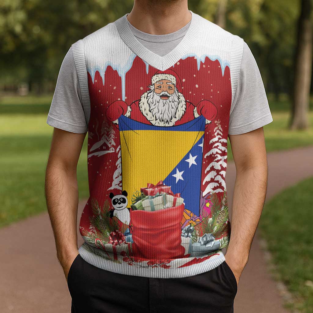 Bosnia and Herzegovina Christmas Knitted V-Neck Vest Santa With National Flag - Wonder Print Shop