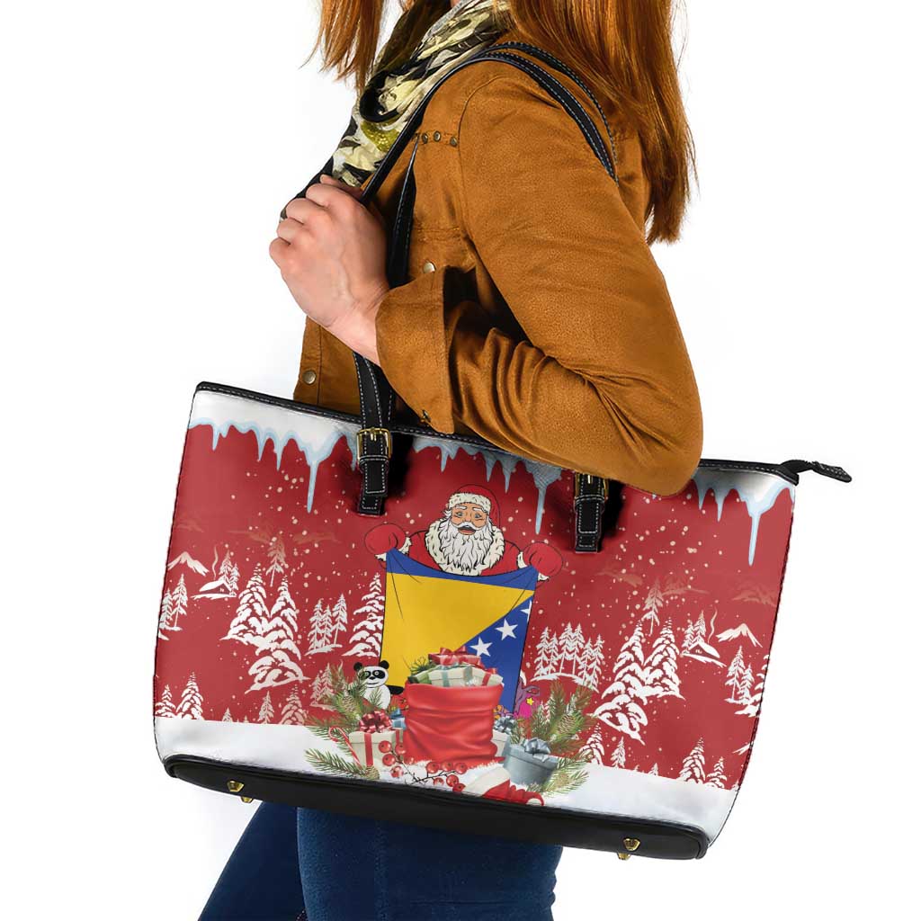 Bosnia and Herzegovina Christmas Leather Tote Bag Santa With National Flag - Wonder Print Shop