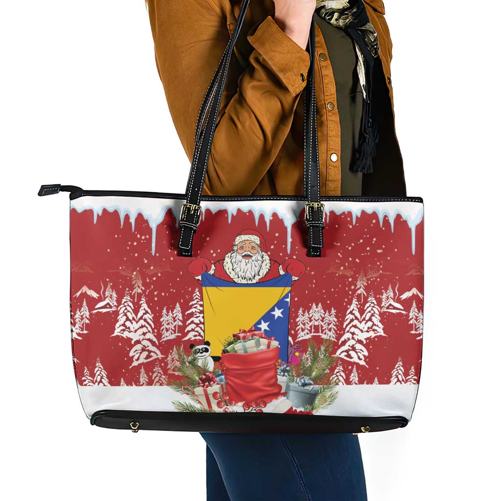 Bosnia and Herzegovina Christmas Leather Tote Bag Santa With National Flag - Wonder Print Shop
