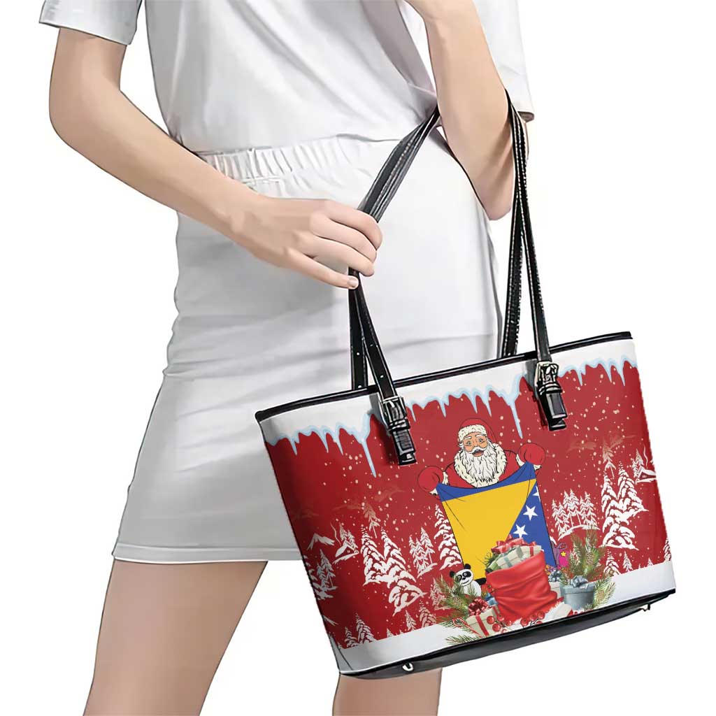 Bosnia and Herzegovina Christmas Leather Tote Bag Santa With National Flag - Wonder Print Shop