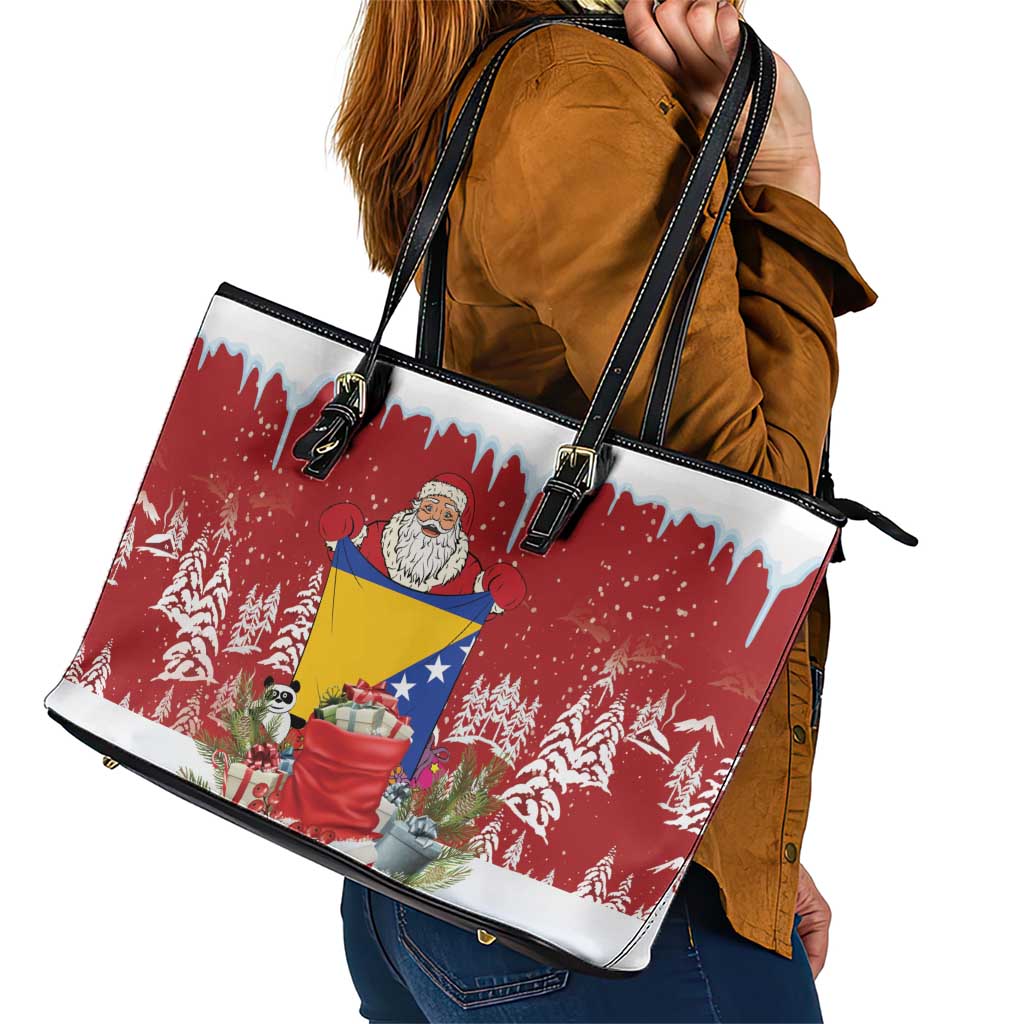 Bosnia and Herzegovina Christmas Leather Tote Bag Santa With National Flag - Wonder Print Shop