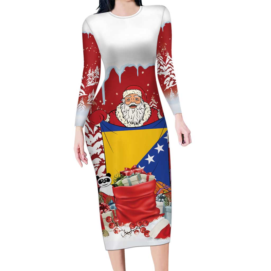 Bosnia and Herzegovina Christmas Long Sleeve Bodycon Dress Santa With National Flag - Wonder Print Shop