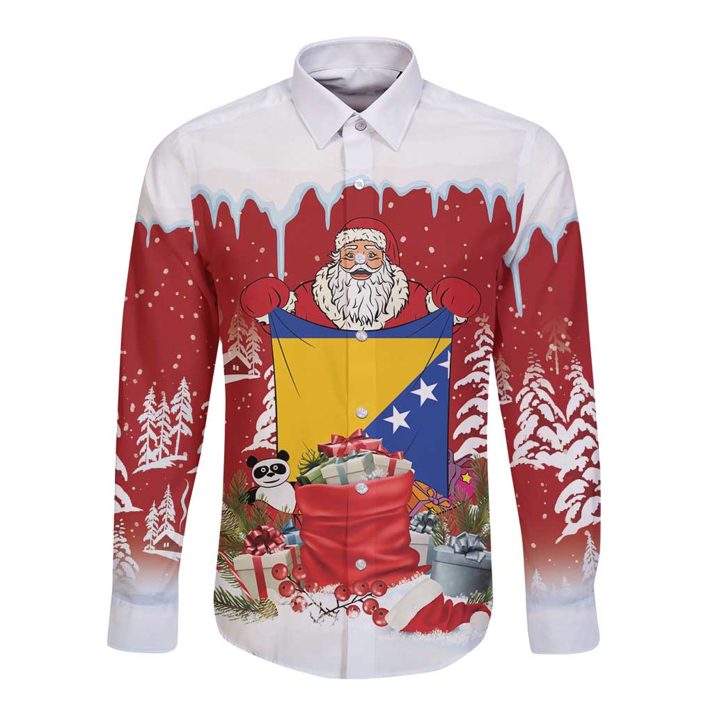 Bosnia and Herzegovina Christmas Long Sleeve Button Shirt Santa With National Flag - Wonder Print Shop