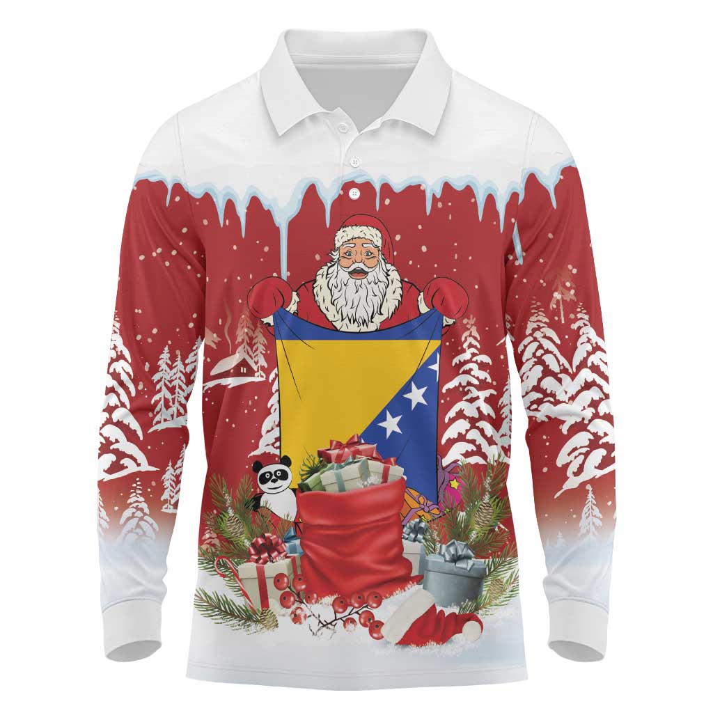 Bosnia and Herzegovina Christmas Long Sleeve Polo Shirt Santa With National Flag - Wonder Print Shop