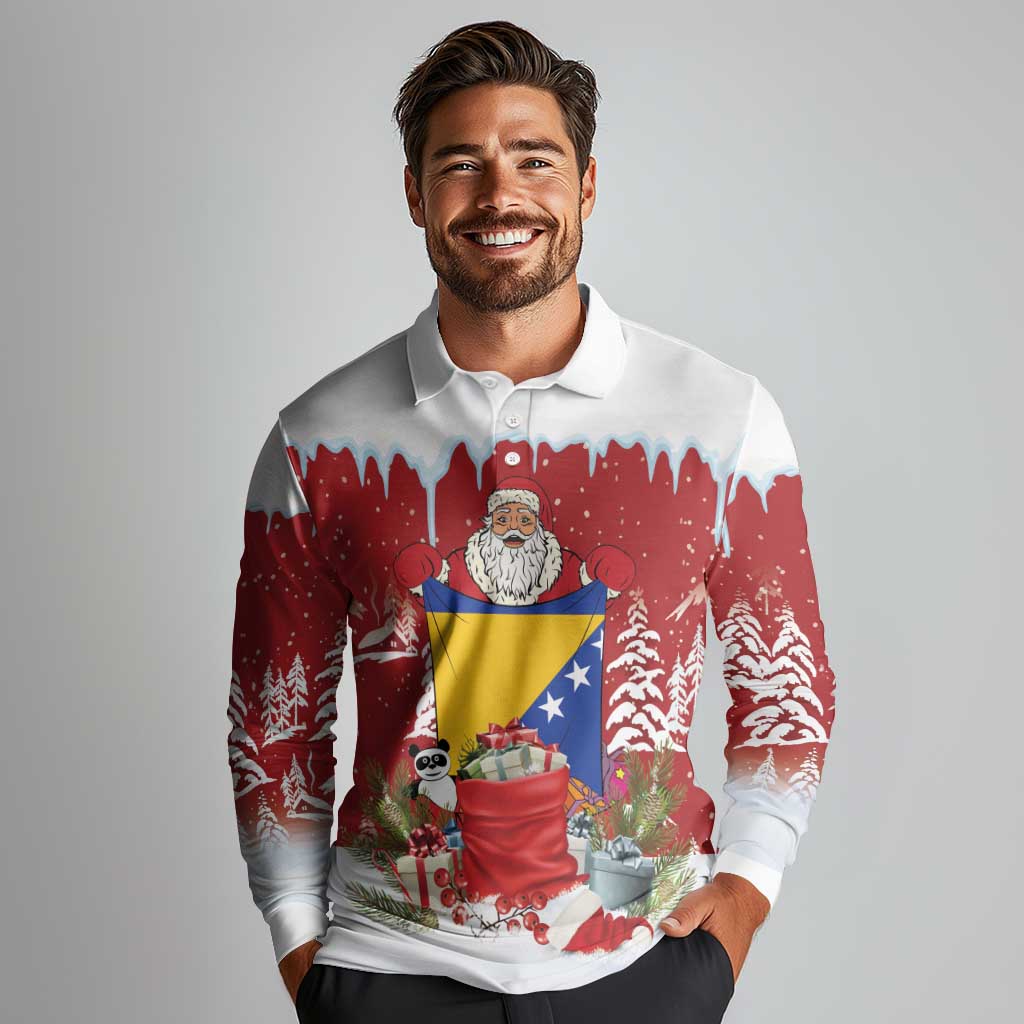 Bosnia and Herzegovina Christmas Long Sleeve Polo Shirt Santa With National Flag - Wonder Print Shop
