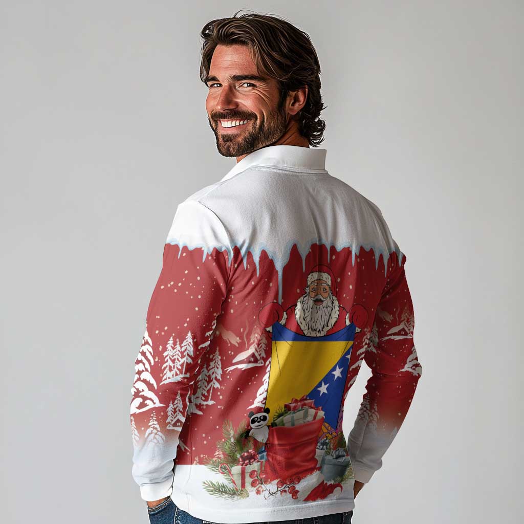 Bosnia and Herzegovina Christmas Long Sleeve Polo Shirt Santa With National Flag - Wonder Print Shop