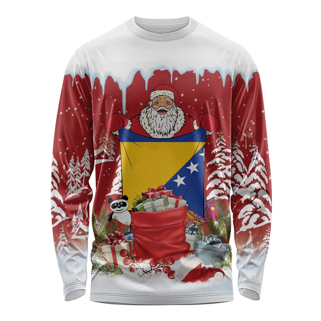 Bosnia and Herzegovina Christmas Long Sleeve Shirt Santa With National Flag - Wonder Print Shop
