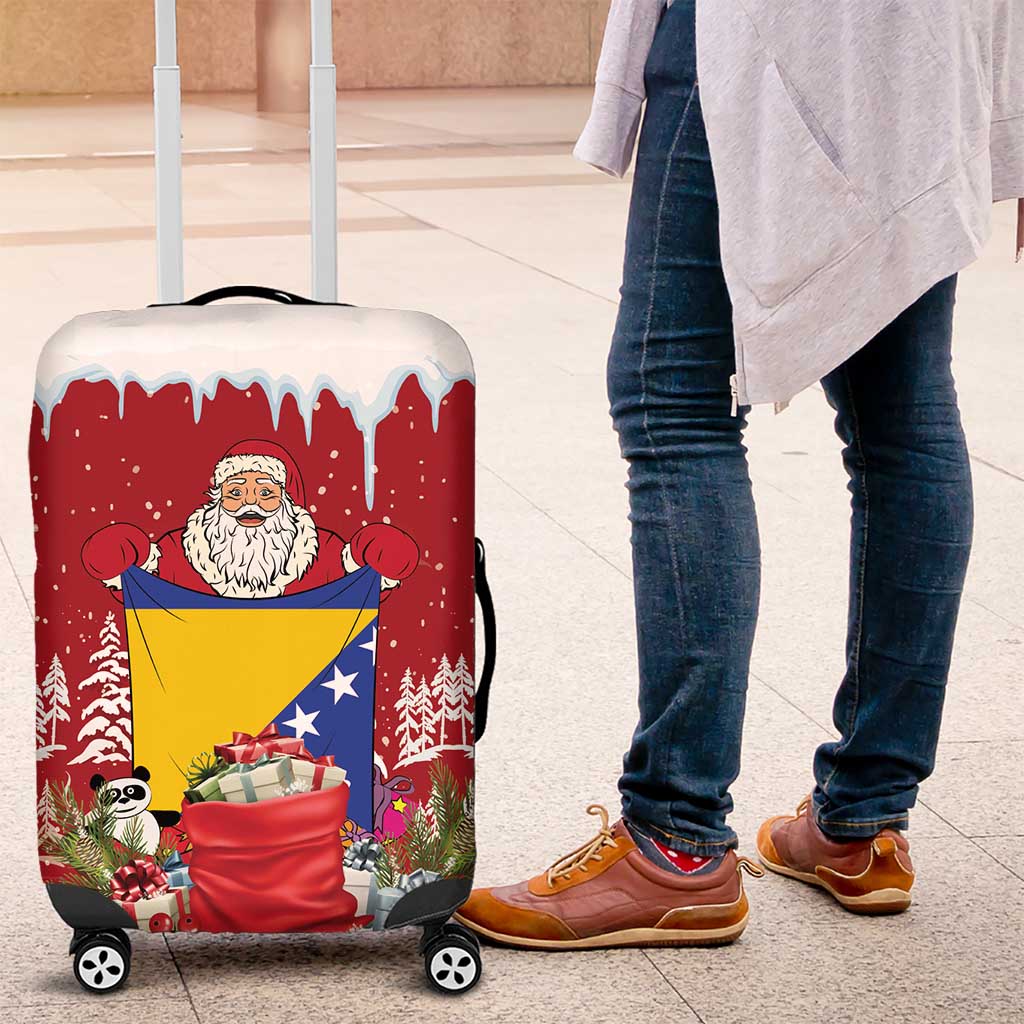Bosnia and Herzegovina Christmas Luggage Cover Santa With National Flag - Wonder Print Shop