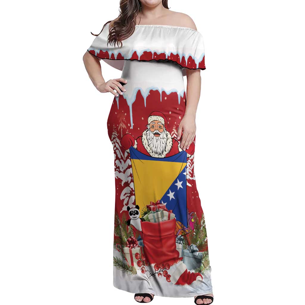 Bosnia and Herzegovina Christmas Off Shoulder Maxi Dress Santa With National Flag - Wonder Print Shop