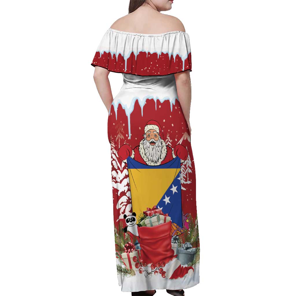 Bosnia and Herzegovina Christmas Off Shoulder Maxi Dress Santa With National Flag - Wonder Print Shop