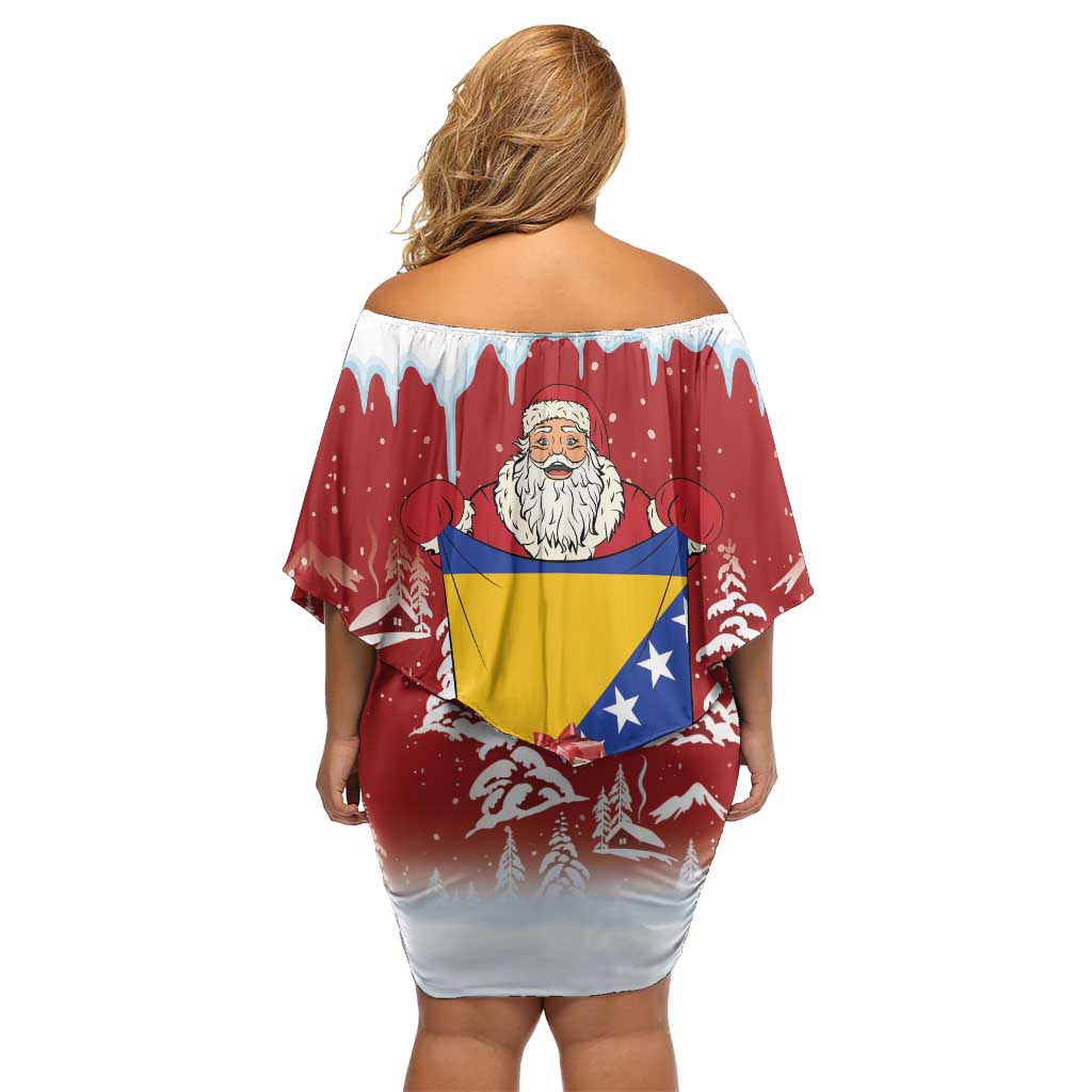 Bosnia and Herzegovina Christmas Off Shoulder Short Dress Santa With National Flag - Wonder Print Shop