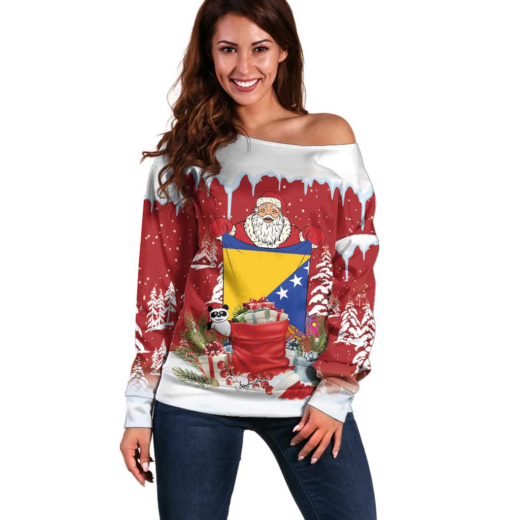 Bosnia and Herzegovina Christmas Off Shoulder Sweater Santa With National Flag - Wonder Print Shop