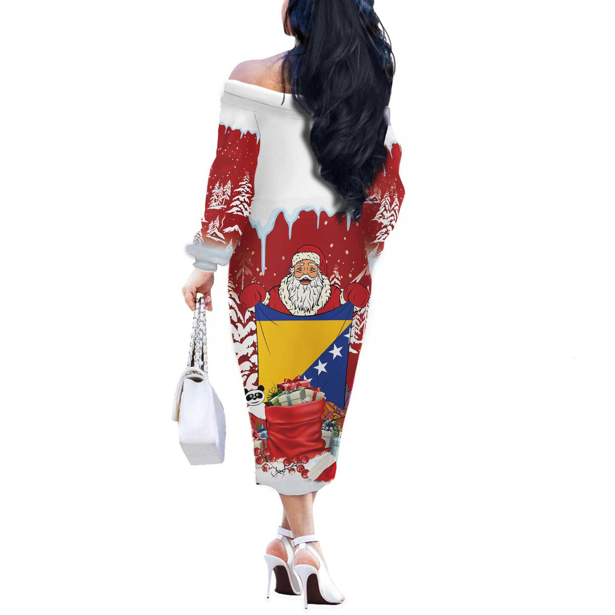 Bosnia and Herzegovina Christmas Off The Shoulder Long Sleeve Dress Santa With National Flag - Wonder Print Shop