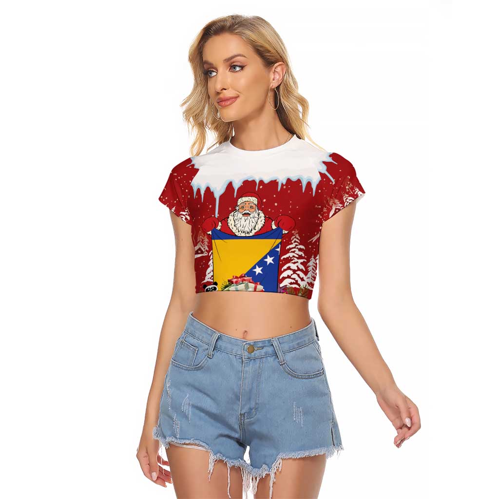 Bosnia and Herzegovina Christmas Raglan Cropped T Shirt Santa With National Flag - Wonder Print Shop