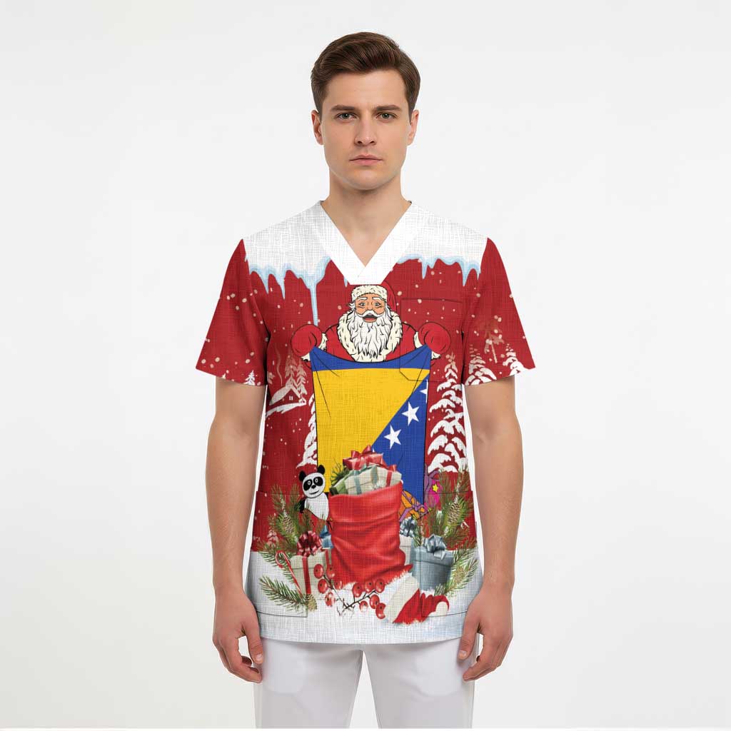 Bosnia and Herzegovina Christmas Scrub Top Santa With National Flag - Wonder Print Shop