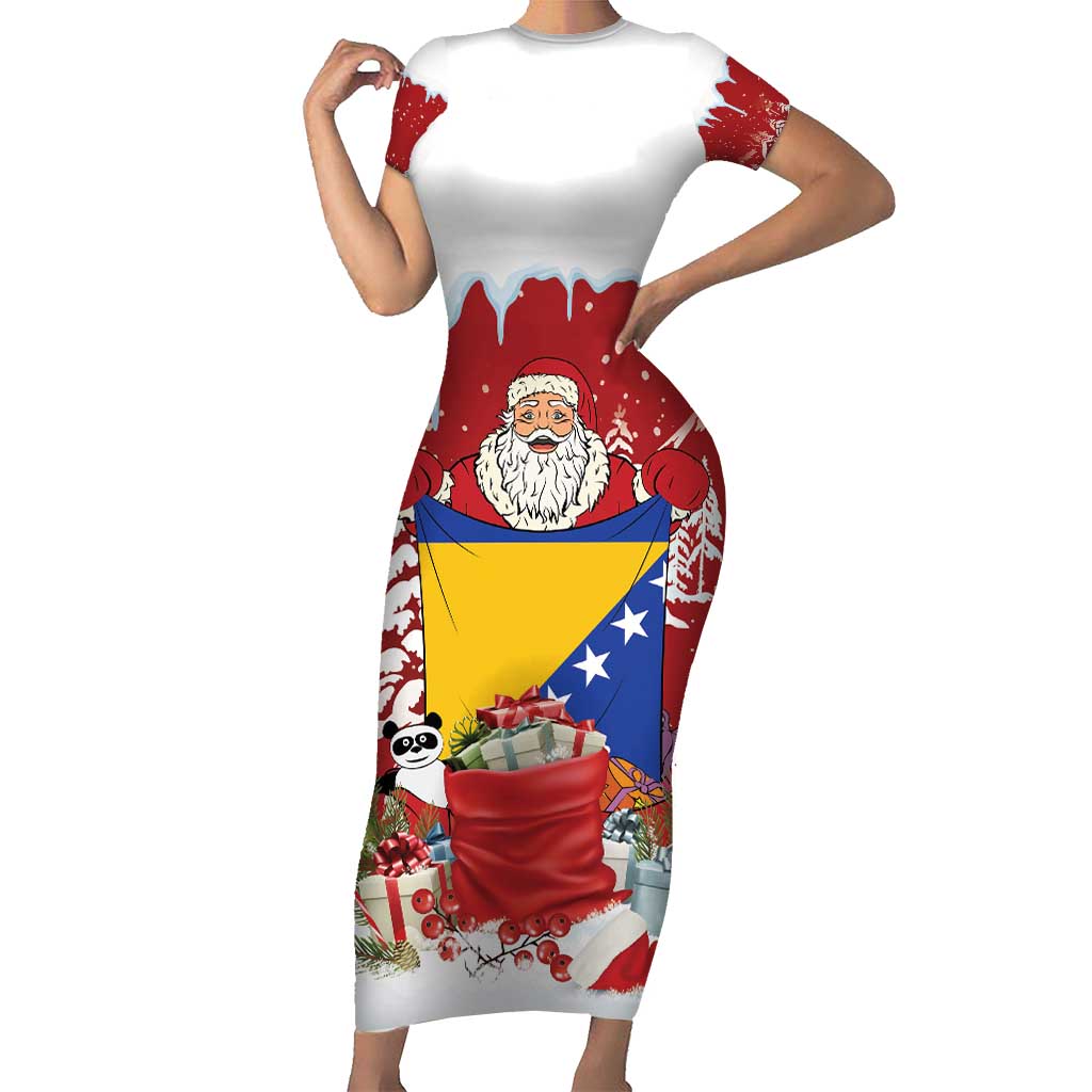 Bosnia and Herzegovina Christmas Short Sleeve Bodycon Dress Santa With National Flag - Wonder Print Shop