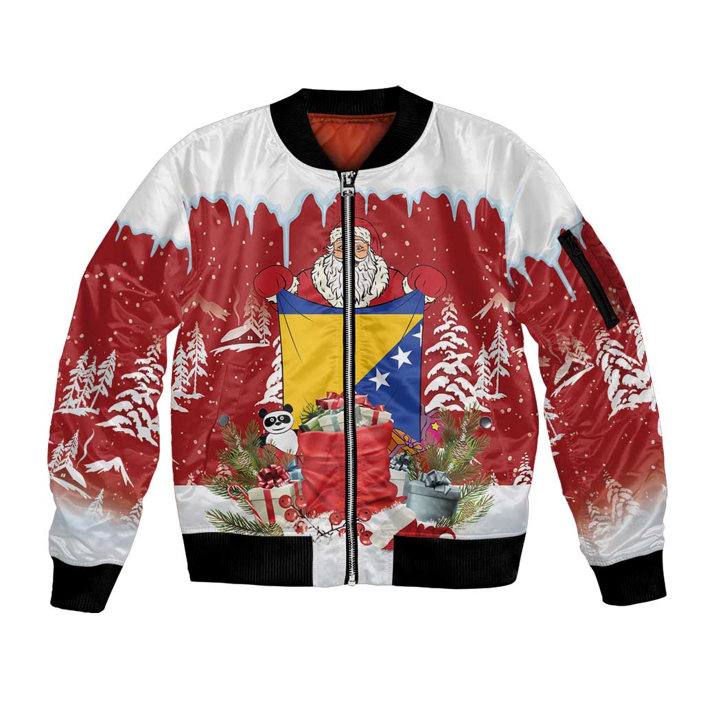 Bosnia and Herzegovina Christmas Sleeve Zip Bomber Jacket Santa With National Flag - Wonder Print Shop