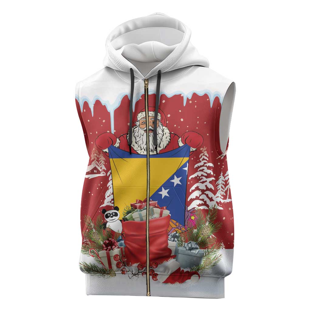 Bosnia and Herzegovina Christmas Sleeveless Zip Hoodie Santa With National Flag - Wonder Print Shop