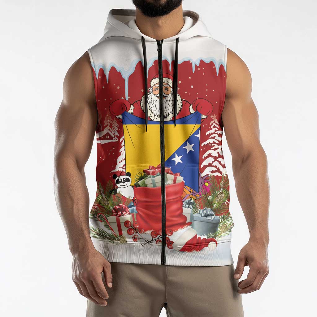 Bosnia and Herzegovina Christmas Sleeveless Zip Hoodie Santa With National Flag - Wonder Print Shop