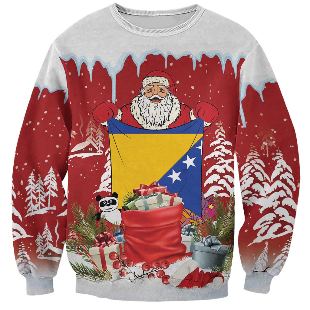 Bosnia and Herzegovina Christmas Sweatshirt Santa With National Flag - Wonder Print Shop